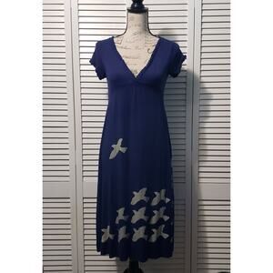Pink Martini Midi Dress Women's Small Navy Blue Bird Pattern V-Neck Cap Sleeve